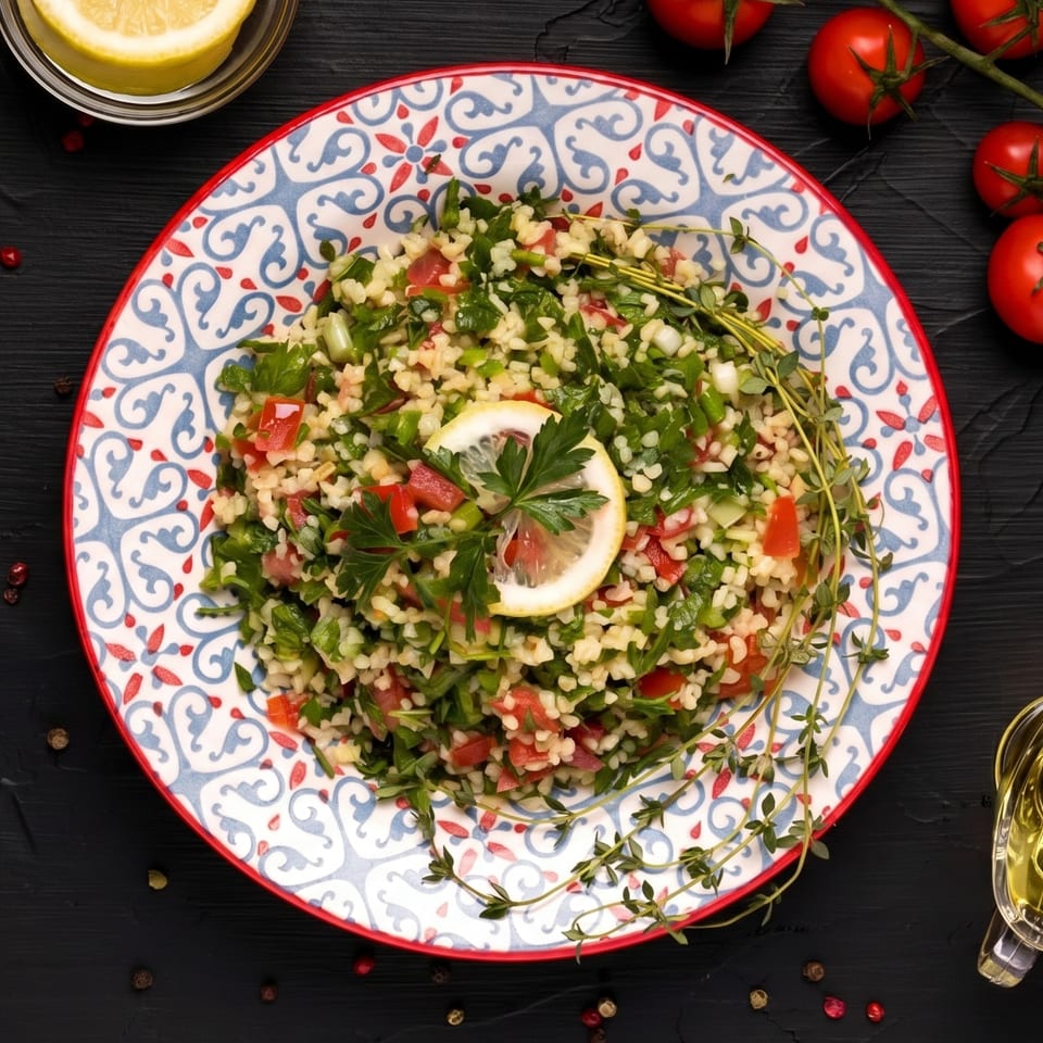 Tabbouleh salad with bulgur, parsley, tomatoes, and lemon on a patterned plate.