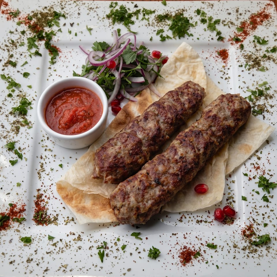 Two grilled kebabs on flatbread with tomato sauce, onion salad, and spices on a white plate.