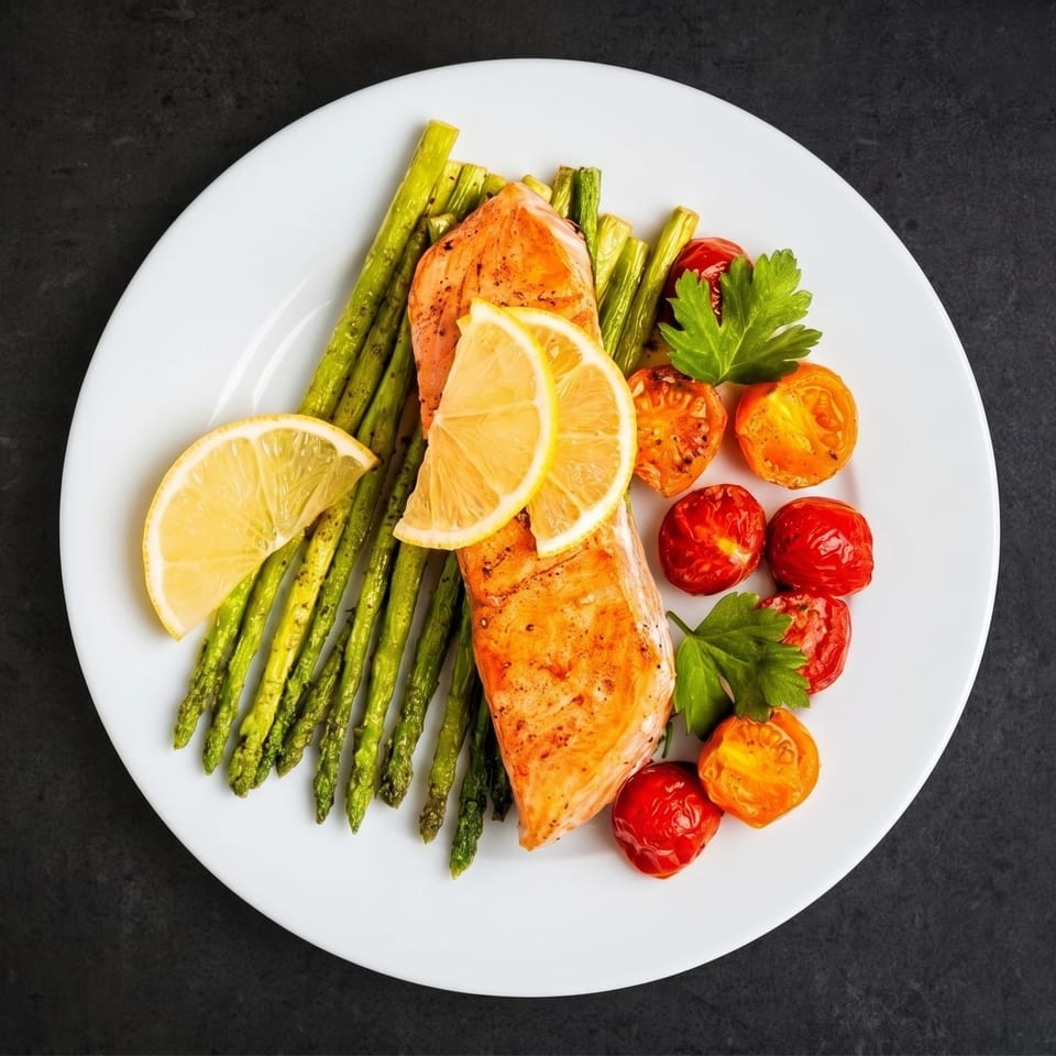 Grilled salmon with asparagus, roasted cherry tomatoes, and lemon slices on a white plate.