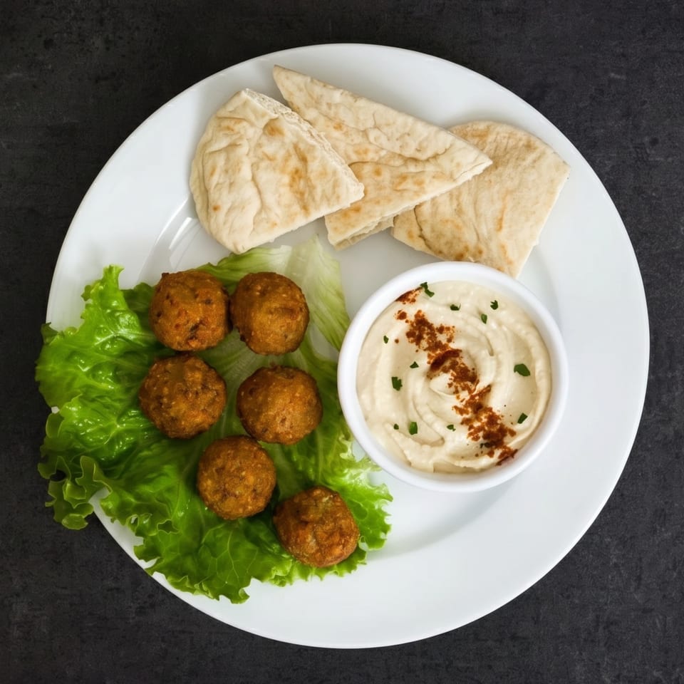 A white plate with falafel on lettuce, pita bread, and a bowl of hummus with paprika and parsley.