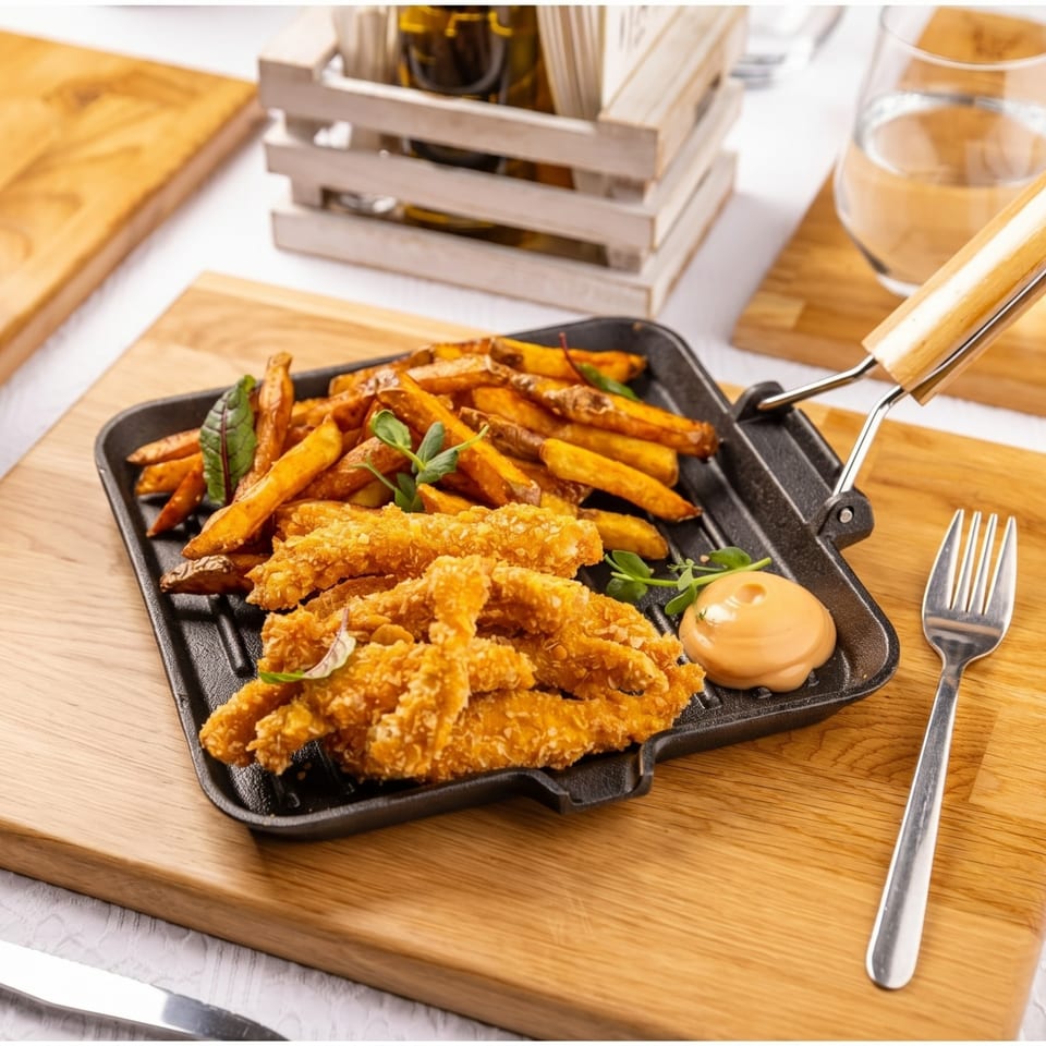 Crispy chicken tenders and sweet potato fries with dipping sauce on a black griddle pan.