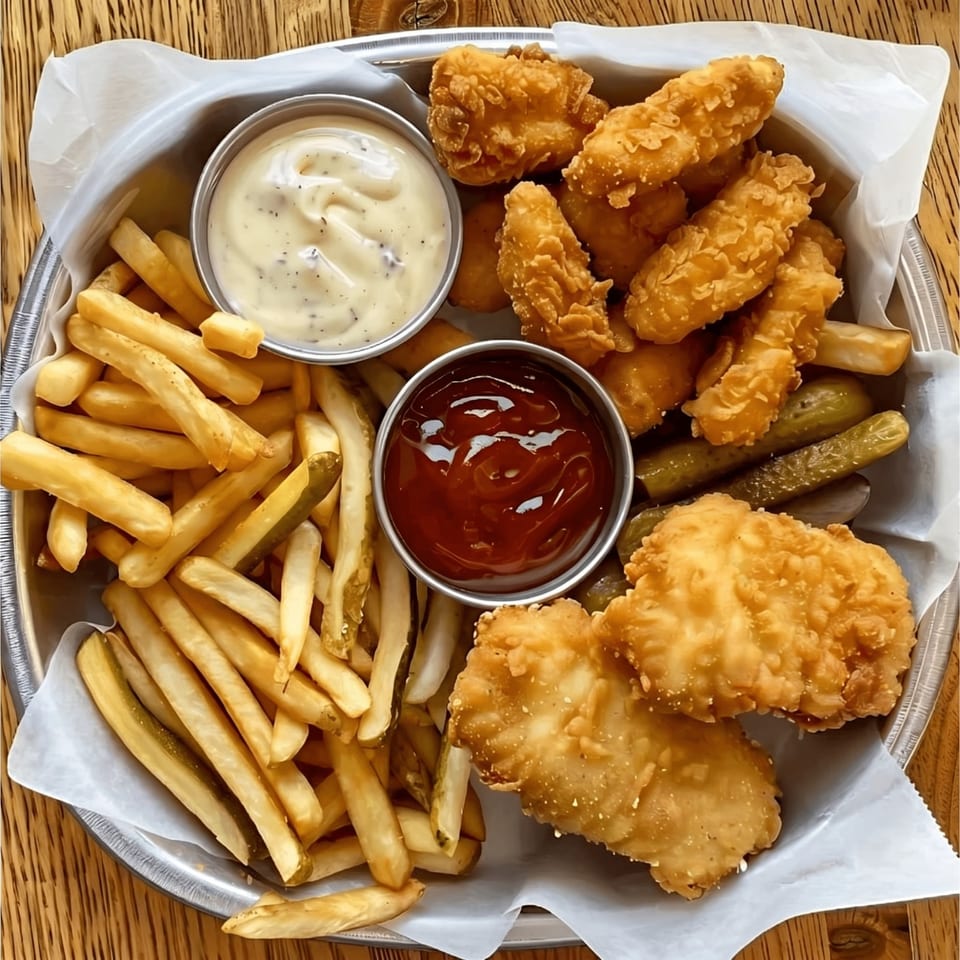 A metal tray with fried chicken tenders, french fries, pickles, ketchup, and a creamy dipping sauce.