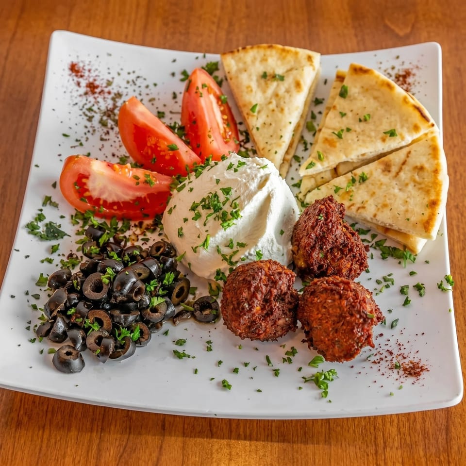 A white plate with falafel, pita bread, tomatoes, black olives, and a dollop of white dip.