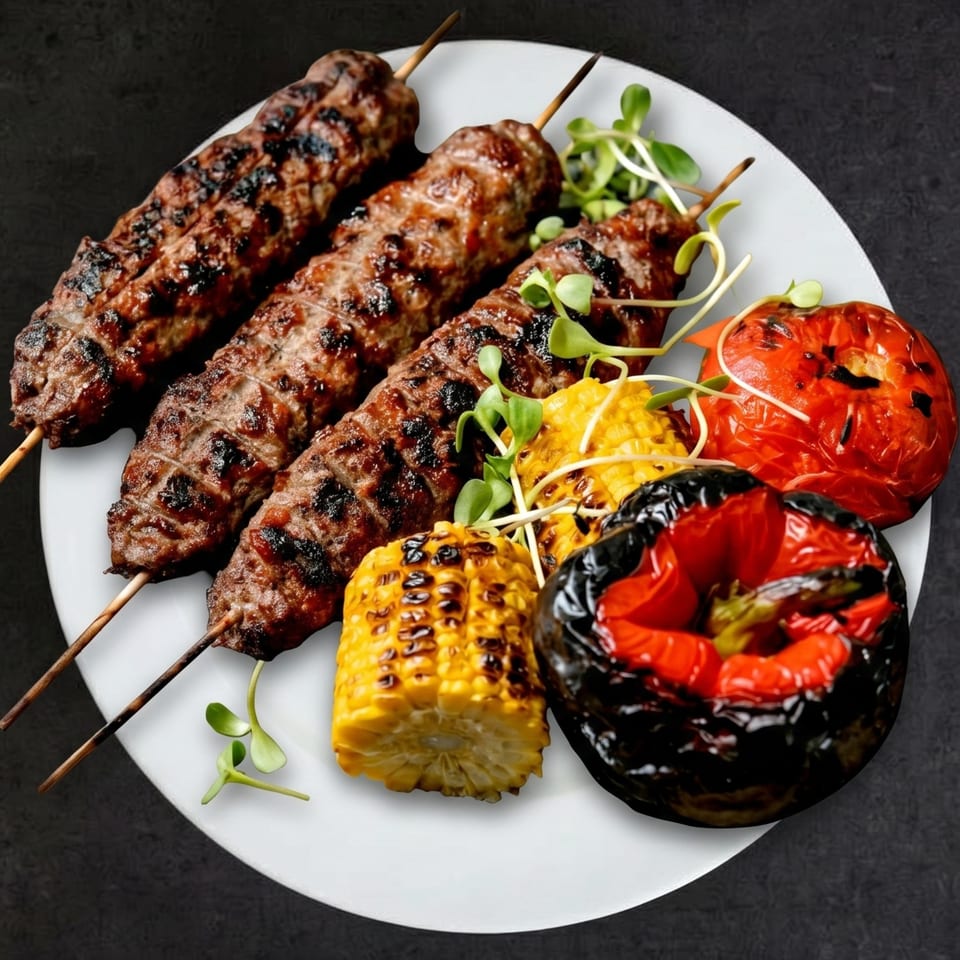 Three grilled meat skewers with corn on the cob, roasted tomatoes, and microgreens on a white plate.