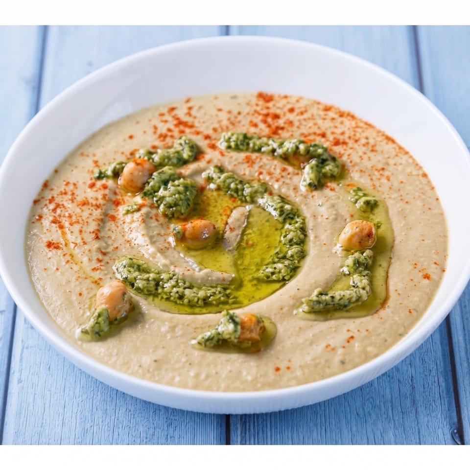 Creamy hummus in a white bowl, garnished with green pesto, olive oil, chickpeas, and paprika.